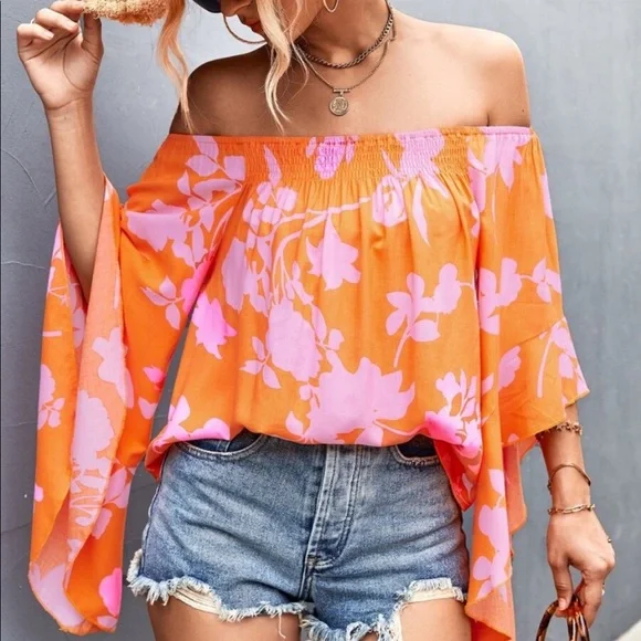 Boho Floral Print Off Shoulder Top Blouse - Picture 11 of 16
